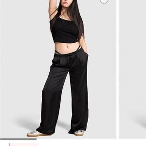 Women's Black Satin Wide-Leg Pull On Trousers